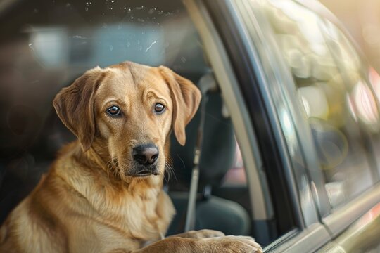 A golden dog sits in the backseat of a car, looking out the window with a concerned expression