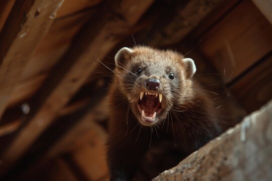 A close-up view of an angry marten with its mouth open, baring its teeth, in an attic setting