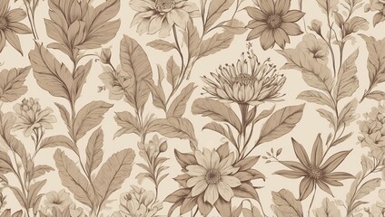 A floral and leaf pattern in brown tones on a cream background, creating a vintage and elegant feel. This motif is ideal for textiles, wallpapers, and artistic decorations with intricate details