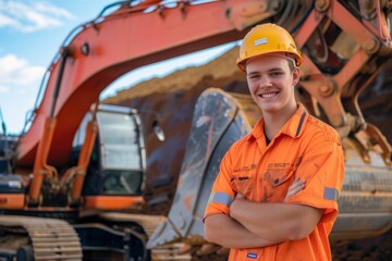 A confident young man in bright orange work gear smiles proudly in front of a large excavator at a construction site, arms crossed