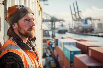 A dock worker in a safety vest stands beside large shipping containers, overlooking a busy port