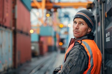 A dock worker in a high-visibility vest stands by large shipping containers at a busy port