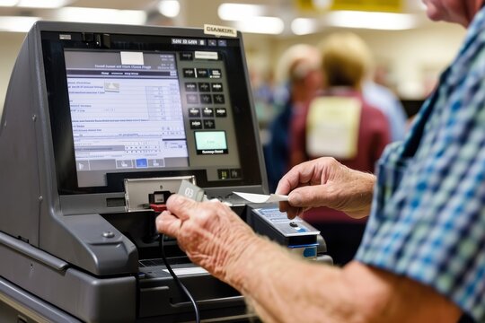 A close-up shot of a voter inserting a ballot into an electronic voting machine