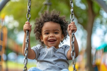 A young girl with curly hair smiles brightly as she swings on a playground swing set