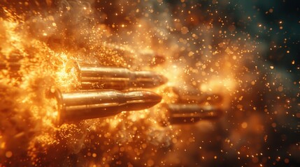 Several bullets fly through the air at close range, creating a cinematic feel. The background is dark and blurry, with a little light illuminating each bullet.