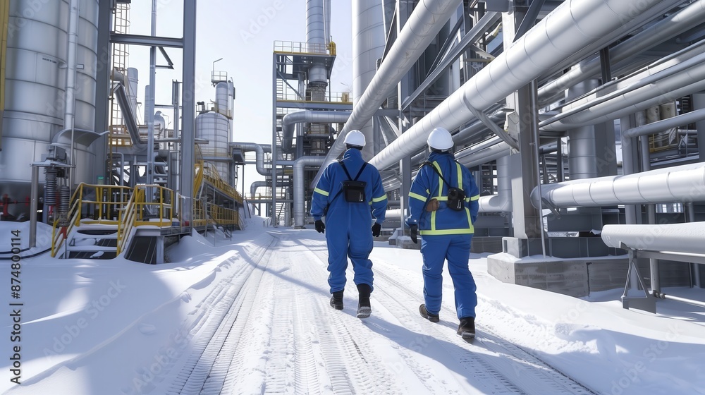 Wall mural Two oil and gas workers in blue coveralls and safety gears walking through a snowy onshore production facilities complex