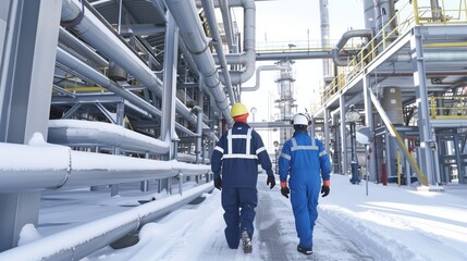 Fototapeta premium Two oil and gas workers in blue coveralls and safety gears walking through a snowy onshore production facilities complex