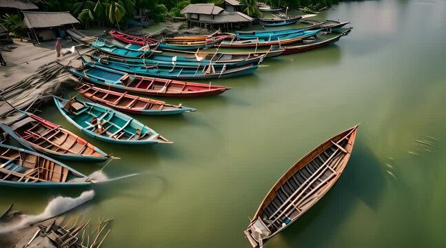 Traditional Fishing Boats in Bojo River, Aloguinsan. Aerial Perspective
