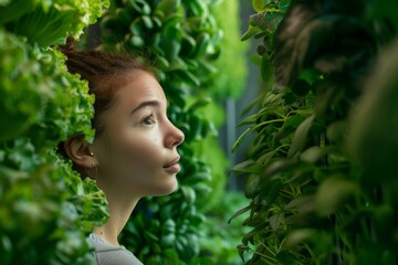 A young woman stands in a vertical farm, surrounded by lush greenery, gazing intently at the thriving plants