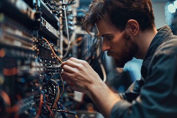 Focused technician working on server hardware in data center
