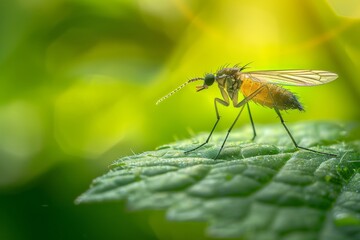 A macro photo of a fungus gnat perched on a green leaf, bathed in the warm glow of sunlight