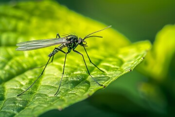 Fototapeta premium A fungus gnat perches on a green leaf, its delicate wings and legs visible in detail