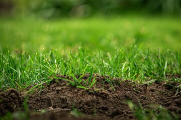 A newly mowed lawn is interrupted by a large molehill, showcasing the detail of the fresh soil and blades of grass