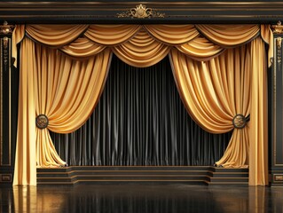 Fototapeta premium Empty background - Theater stage with black gold velvet curtains (Generative Ai)