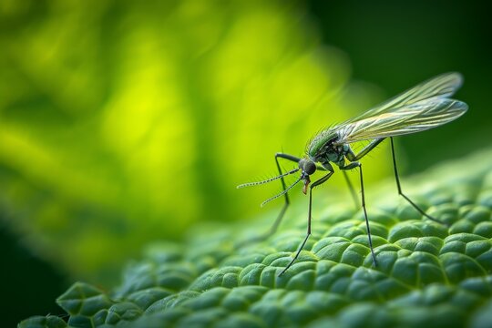 A close-up, macro photo of a fungus gnat resting on a vibrant green leaf, showcasing the insect's delicate details