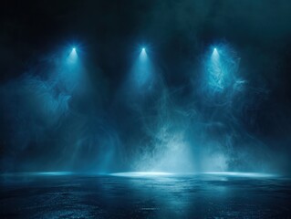 Fototapeta premium Free stage with lights and smoke, Empty stage with blue spotlights, conser, show, party, Presentation concept. dark navy blue spotlight strike on black background. banner design