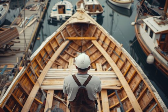 A boat builder in a white hard hat stands on the deck of a newly finished wooden hull, looking at his work. He is in a harbor with other boats moored in the background