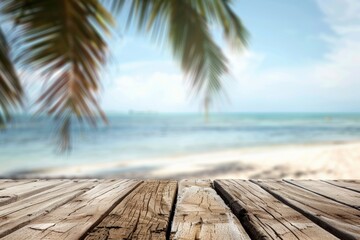 Empty wood table top with beach blurred background for product. copy space for product placement 