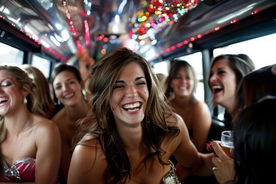 A group of women celebrate on a party bus, laughing and having fun. The bride-to-be is in the center, smiling brightly