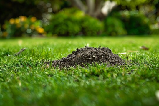 A freshly dug molehill stands out against a backdrop of perfectly manicured green grass in a sun-drenched lawn