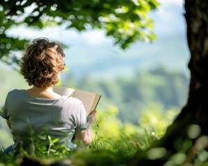 Serene moment of a person reading a book in nature, surrounded by greenery and peaceful atmosphere, under the shade of a tree.