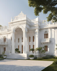 Obraz premium White House, Mediterranean architecture, architectural style, mahal, full front elevation, building exterior, mansion, luxury home, residential building, Mediterranean style house, Mediterranean 