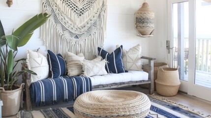 A breezy beach house living room with a touch of bohemian flair including a macrame wall hanging a jute pouf and a navy and white striped daybed perfect for afternoon napping.