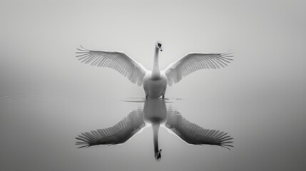 black and white photo of a swan with wings spread, standing on water, reflection in the style of digital minimalism