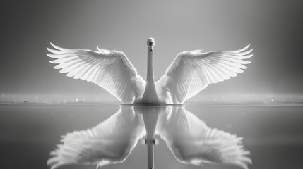 black and white photo of a swan with wings spread, standing on water, reflection in the style of digital minimalism