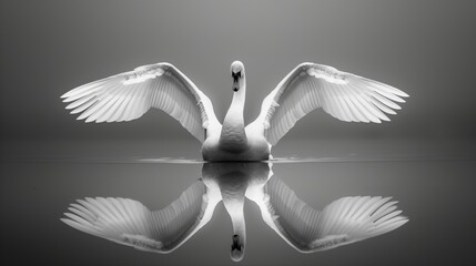 black and white photo of a swan with wings spread, standing on water, reflection in the style of digital minimalism