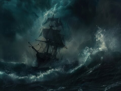 Sailing ship in sea water with night stormy sky.