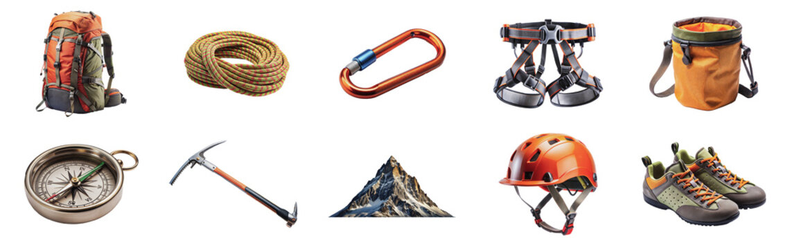 Complete set of essential rock climbing gear including backpack, rope, carabiner, harness, chalk bag, compass, ice axe, mountain, helmet, and shoes - isolated transparent png - Powered by Adobe