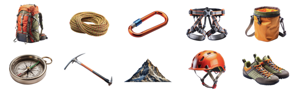 Complete set of essential rock climbing gear including backpack, rope, carabiner, harness, chalk bag, compass, ice axe, mountain, helmet, and shoes - isolated transparent png
