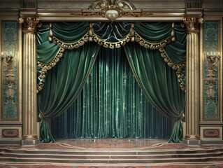 The stage curtain for a theater performance, the opera scene drape backdrop, the backstage of a concert or film premier, the portiere for a ceremony performance, a realistic 3d modern illustration.