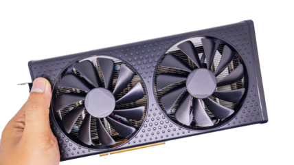 A close-up of a graphics card featuring dual fans, showcasing the intricate details of its cooling system. Graphics Card with Dual Fans Backgrounds.