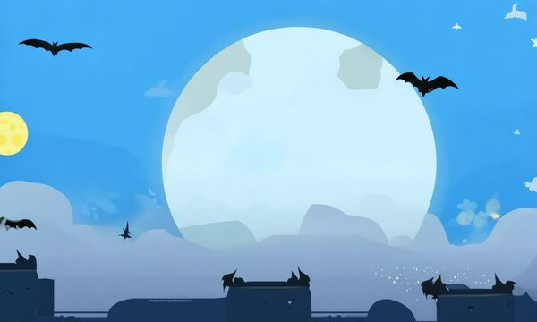 A cartoon of bats flying in the sky above a full moon. The moon is large and bright, and the bats are flying in different directions. Scene is eerie and mysterious