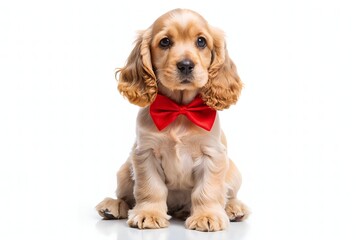 Adorable English Cocker Spaniel puppy sits calmly with stylish red accessories against a transparent background, embodying sweet innocence and cherished pet companionship.
