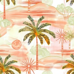 Modern Tropical Palm Tree Repeat Pattern in Pink and Purple