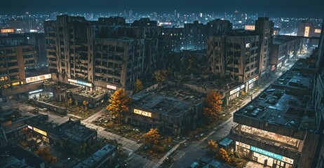 Obraz premium abandoned town buildings at night in autumn. aerial view of derelict city overgrowth. cars, debris, concrete rubble and vines.