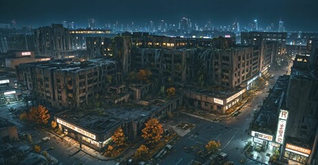 abandoned city town wasteland in autumn at night. rotting old buildings and overgrown towers. cars, junk, debris, and rubble.