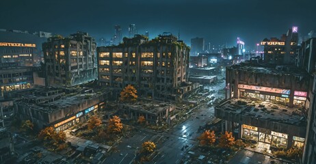 Obraz premium abandoned city town wasteland in autumn at night. rotting old buildings and overgrown towers. cars, junk, debris, and rubble.