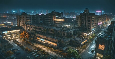 Fototapeta premium abandoned city town wasteland in autumn at night. rotting old buildings and overgrown towers. cars, junk, debris, and rubble.
