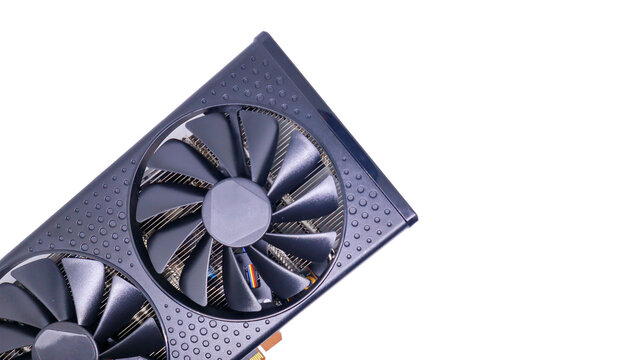 A close-up shot of a black graphics card with two cooling fans isolated on white background, showcasing its intricate design and powerful processing capabilities for computer upgrades.