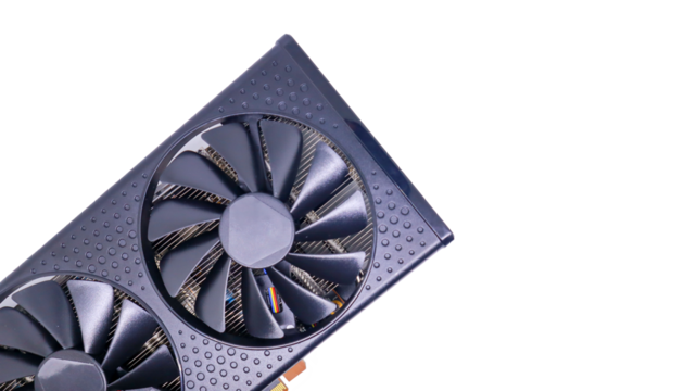 A close-up shot of a black graphics card with two cooling fans isolated on white background, showcasing its intricate design and powerful processing capabilities for computer upgrades.