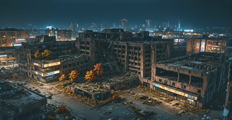 Obraz premium abandoned city town wasteland in autumn at night. rotting old buildings and overgrown towers. cars, junk, debris, and rubble.