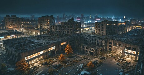 Naklejka premium abandoned city town wasteland in autumn at night. rotting old buildings and overgrown towers. cars, junk, debris, and rubble.