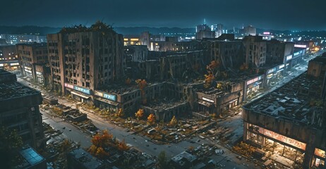 Fototapeta premium abandoned city town wasteland in autumn at night. rotting old buildings and overgrown towers. cars, junk, debris, and rubble.