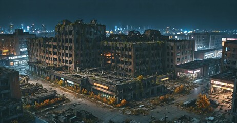 Fototapeta premium abandoned city town wasteland in autumn at night. rotting old buildings and overgrown towers. cars, junk, debris, and rubble.