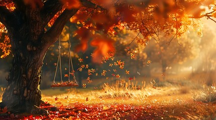 A swing is hanging from a tree branch with leaves falling around it. The image evokes a feeling of autumn.