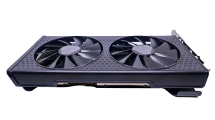 A close-up shot of a modern black graphics card with dual fans for cooling and upgrading computer graphic performance isolated on a white background.